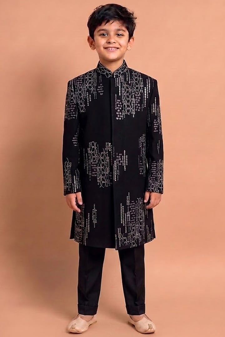 Black Japanese Fabric Indowestern Set For Boys by Abkasa - Kids at Pernia's Pop Up Shop
