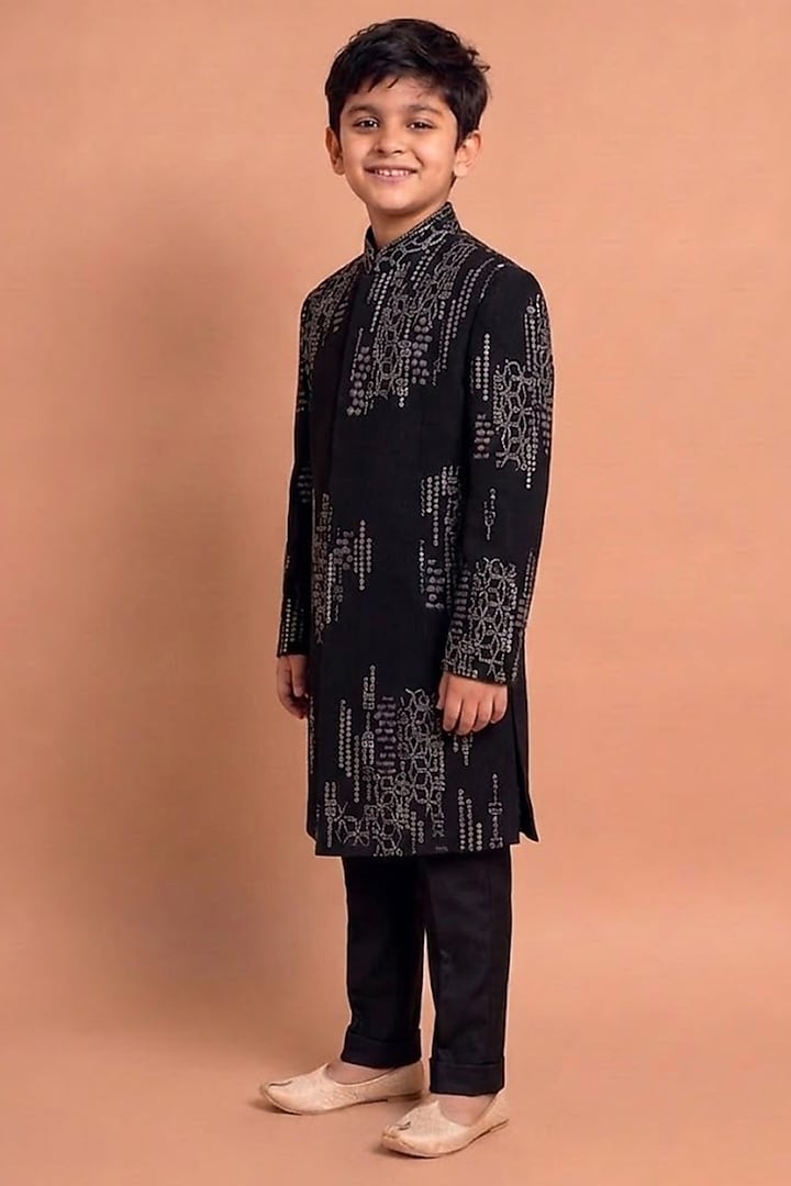 Black Japanese Fabric Indowestern Set For Boys by Abkasa - Kids at Pernia's Pop Up Shop