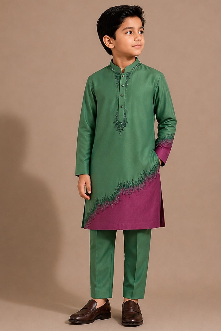 Green Katan Silk Kurta Set For Boys by Abkasa - Kids at Pernia's Pop Up Shop