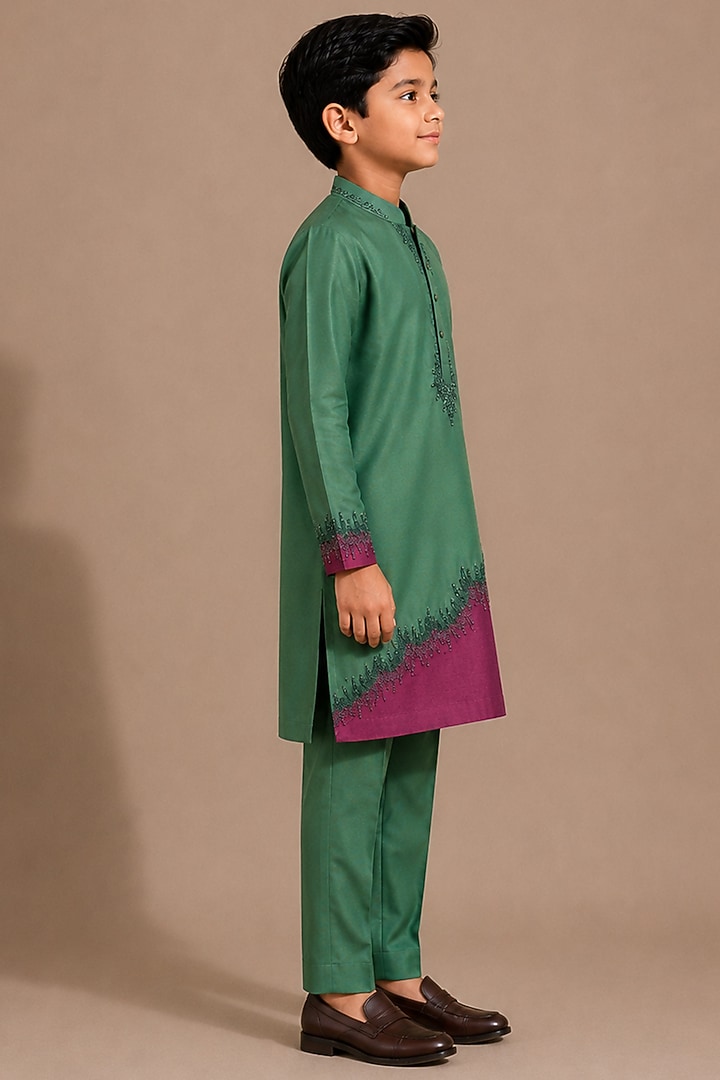 Green Katan Silk Kurta Set For Boys by Abkasa - Kids at Pernia's Pop Up Shop