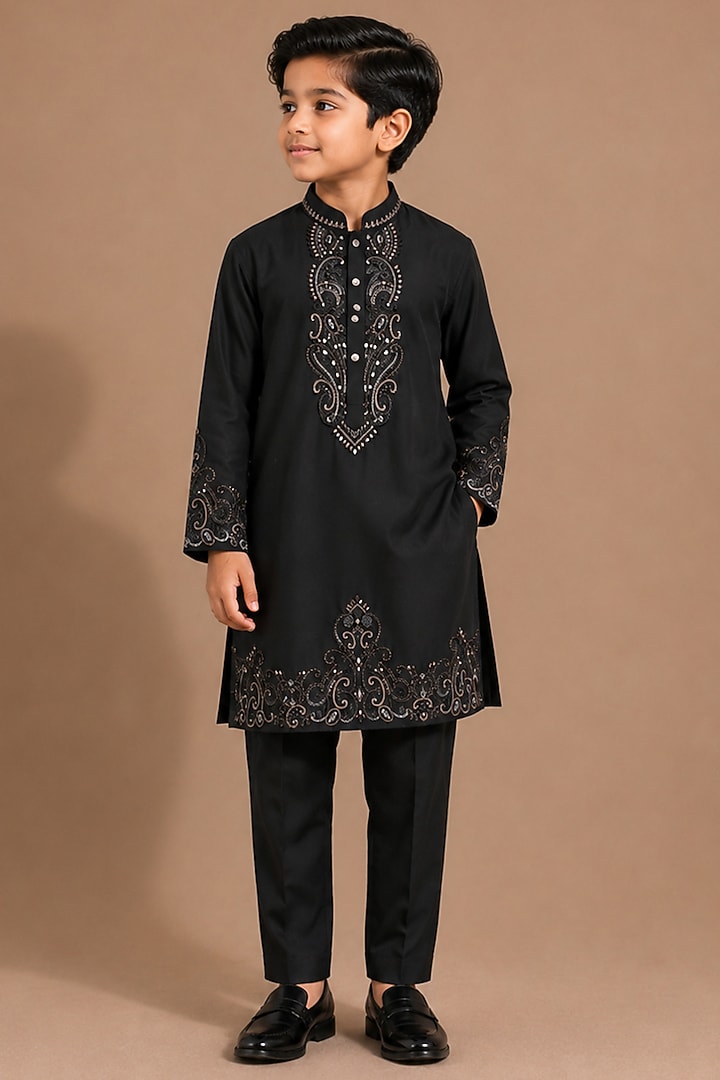 Black Armani Kurta Set For Boys by Abkasa - Kids at Pernia's Pop Up Shop