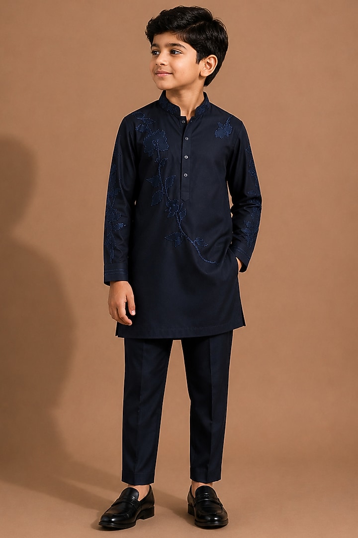Navy Blue Armani Kurta Set For Boys by Abkasa - Kids at Pernia's Pop Up Shop