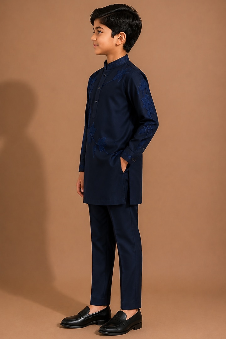 Navy Blue Armani Kurta Set For Boys by Abkasa - Kids at Pernia's Pop Up Shop