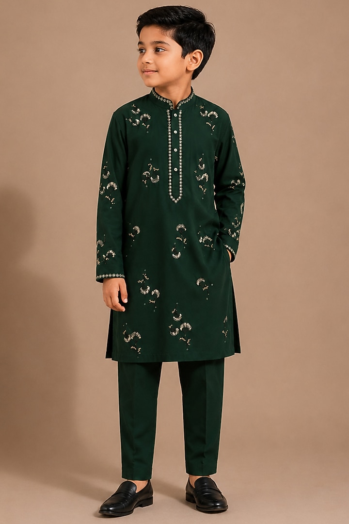 Green Armani Kurta Set For Boys by Abkasa - Kids at Pernia's Pop Up Shop