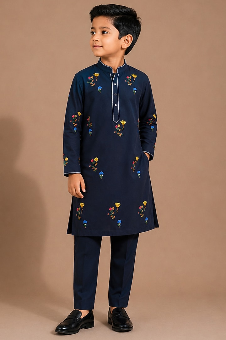 Navy Blue Armani Kurta Set For Boys by Abkasa - Kids at Pernia's Pop Up Shop