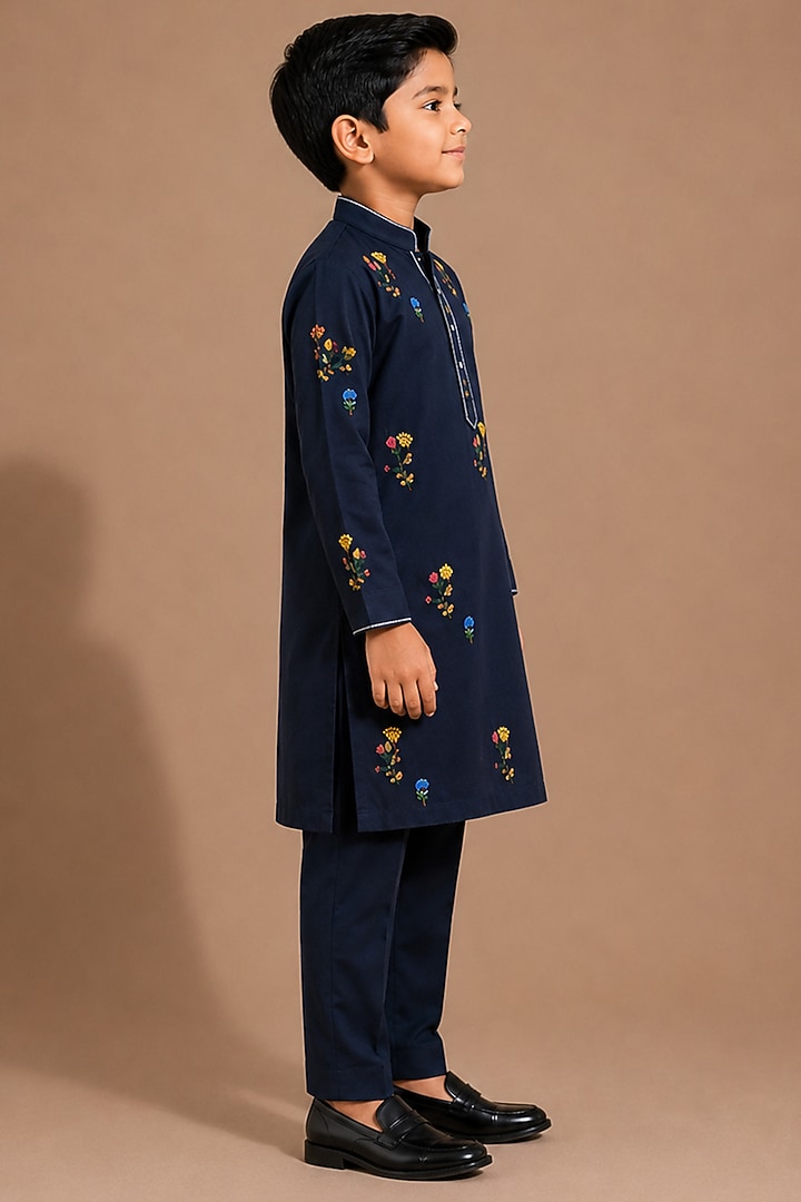 Navy Blue Armani Kurta Set For Boys by Abkasa - Kids at Pernia's Pop Up Shop