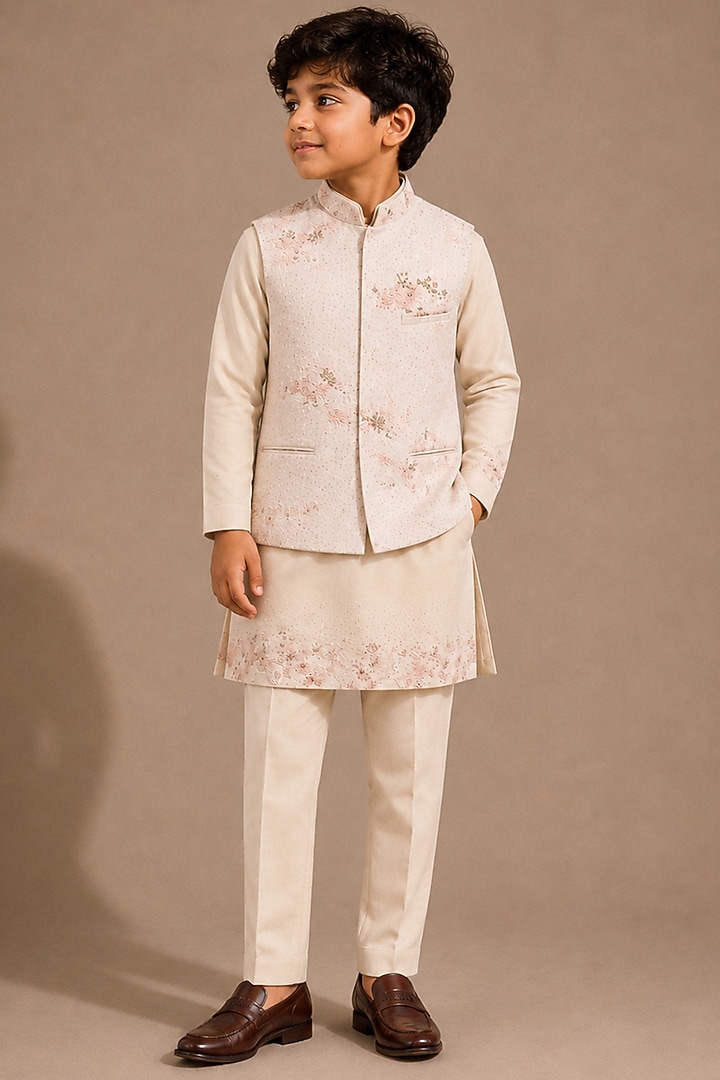 Peach Raw Silk Bundi Jacket Set For Boys by Abkasa - Kids at Pernia's Pop Up Shop