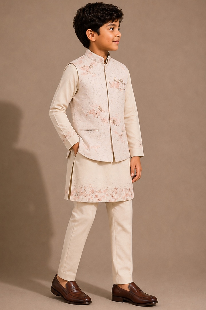 Peach Raw Silk Bundi Jacket Set For Boys by Abkasa - Kids at Pernia's Pop Up Shop