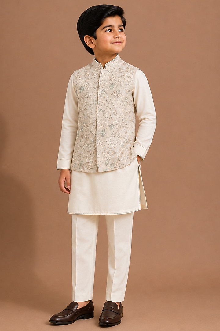 Beige Raw Silk Bundi Jacket Set For Boys by Abkasa - Kids at Pernia's Pop Up Shop