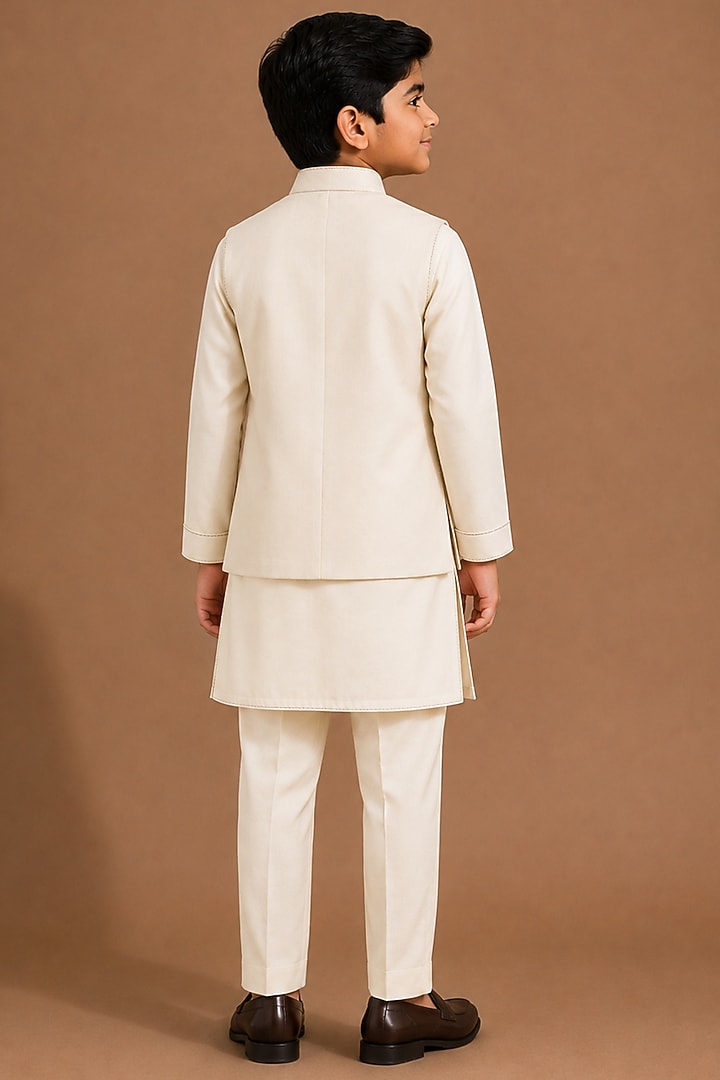 Beige Raw Silk Bundi Jacket Set For Boys by Abkasa - Kids at Pernia's Pop Up Shop