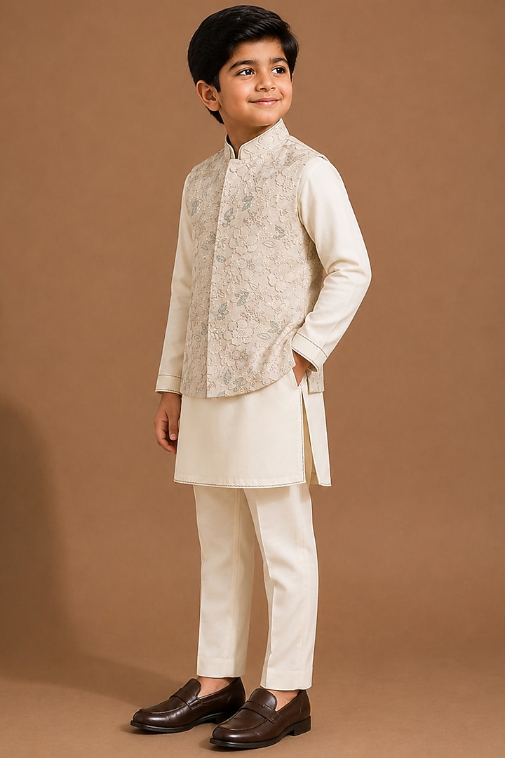 Beige Raw Silk Bundi Jacket Set For Boys by Abkasa - Kids at Pernia's Pop Up Shop
