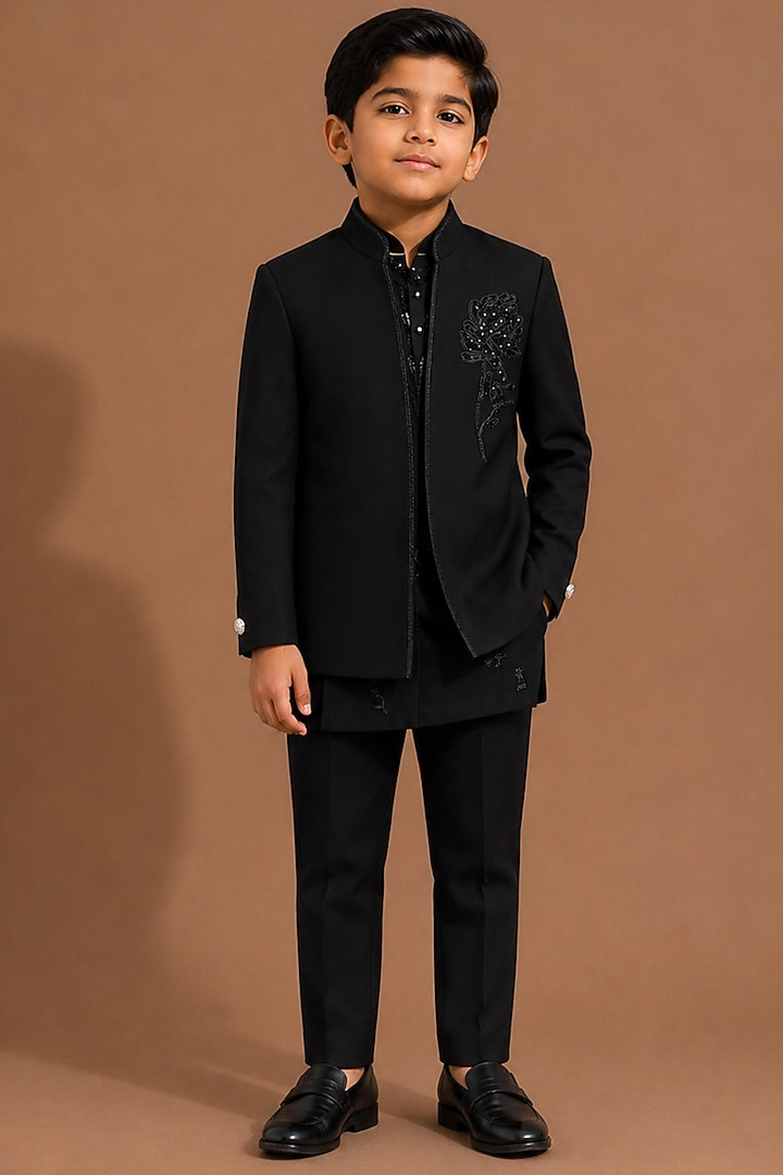 Black Japanese Fabric Indowestern Set For Boys by Abkasa - Kids at Pernia's Pop Up Shop