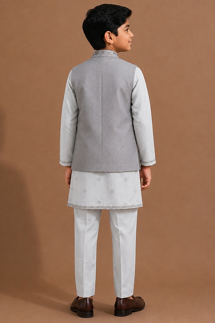 Grey Raw Silk Bundi Jacket Set For Boys by Abkasa - Kids at Pernia's Pop Up Shop