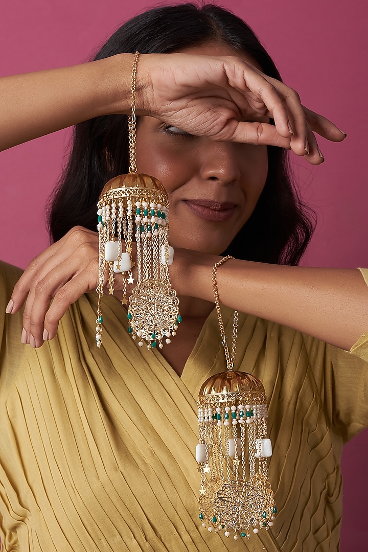Gold Finish Kaleeras With Colorful Beads by Beabhika at Pernia's Pop Up Shop