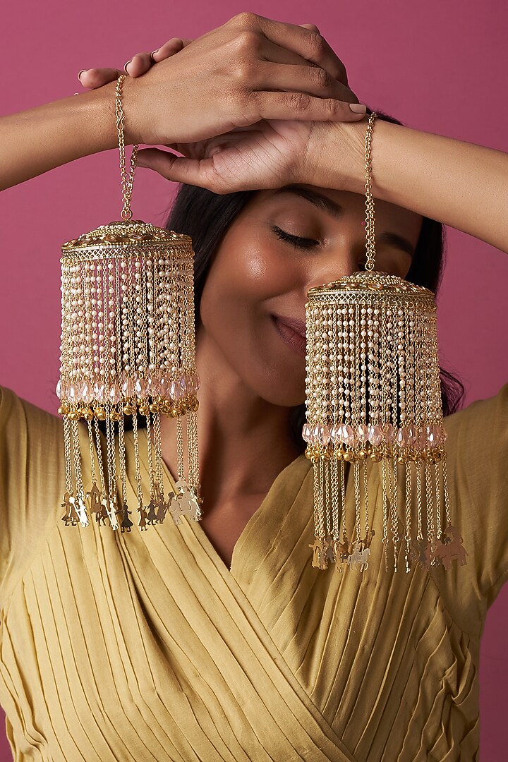 Gold Finish Kaleeras With Pink Beads & Pearls by Beabhika at Pernia's Pop Up Shop