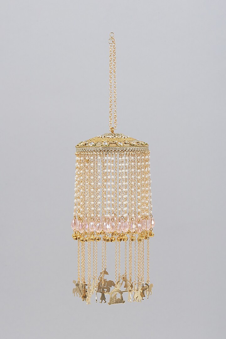 Gold Finish Kaleeras With Pink Beads & Pearls by Beabhika at Pernia's Pop Up Shop