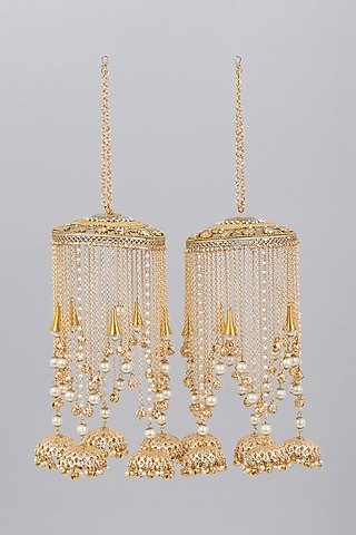 Gold Finish Kaleeras With Faux Pearls & Jhumkas by Beabhika