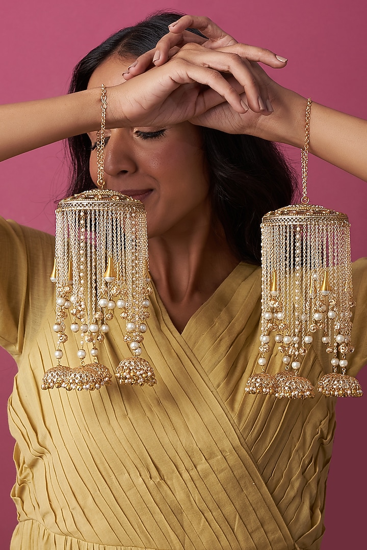 Gold Finish Kaleeras With Faux Pearls & Jhumkas by Beabhika at Pernia's Pop Up Shop