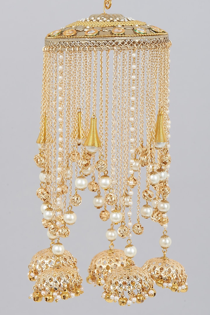 Gold Finish Kaleeras With Faux Pearls & Jhumkas by Beabhika at Pernia's Pop Up Shop