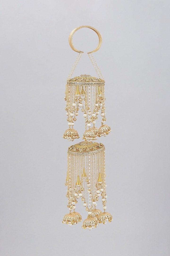 Gold Finish Kaleeras With Faux Pearls & Kundan by Beabhika at Pernia's Pop Up Shop