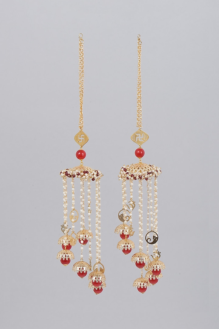 Gold Finish Kaleeras With Red & White Pearls by Beabhika