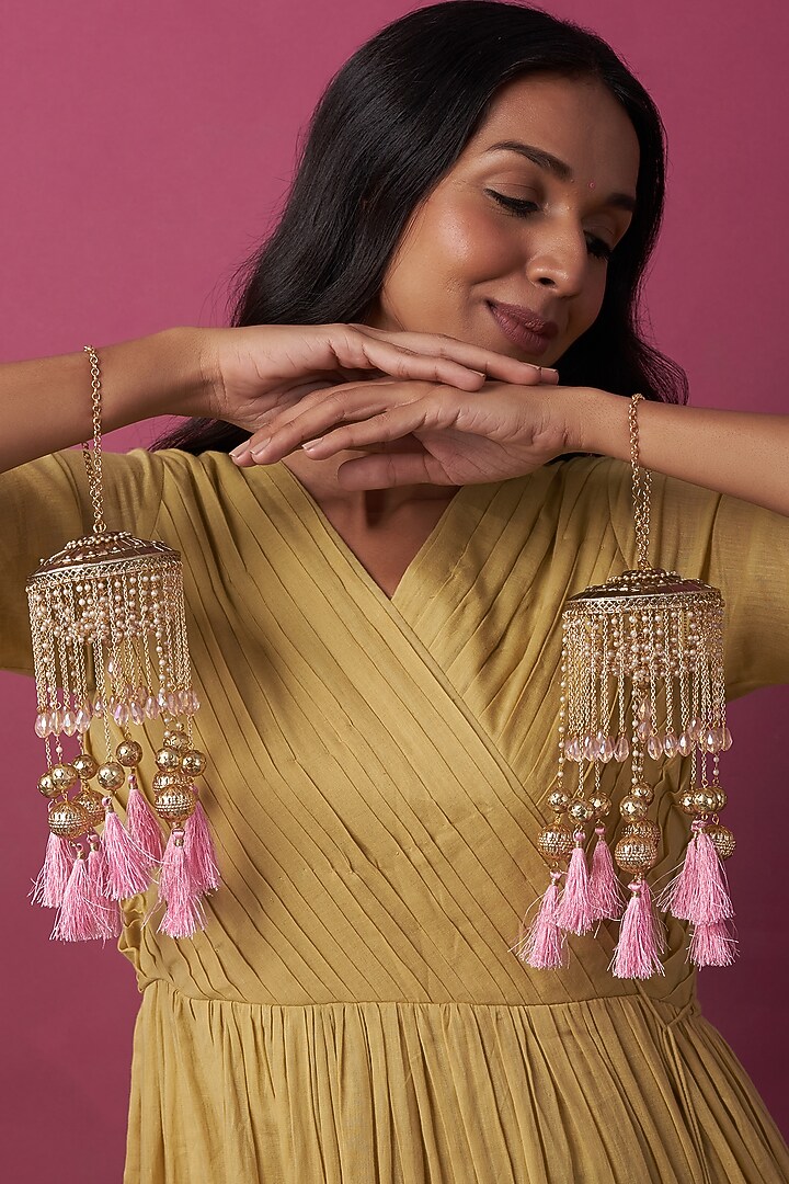 Gold Finish Kaleeras With Pearls & Tassels by Beabhika at Pernia's Pop Up Shop