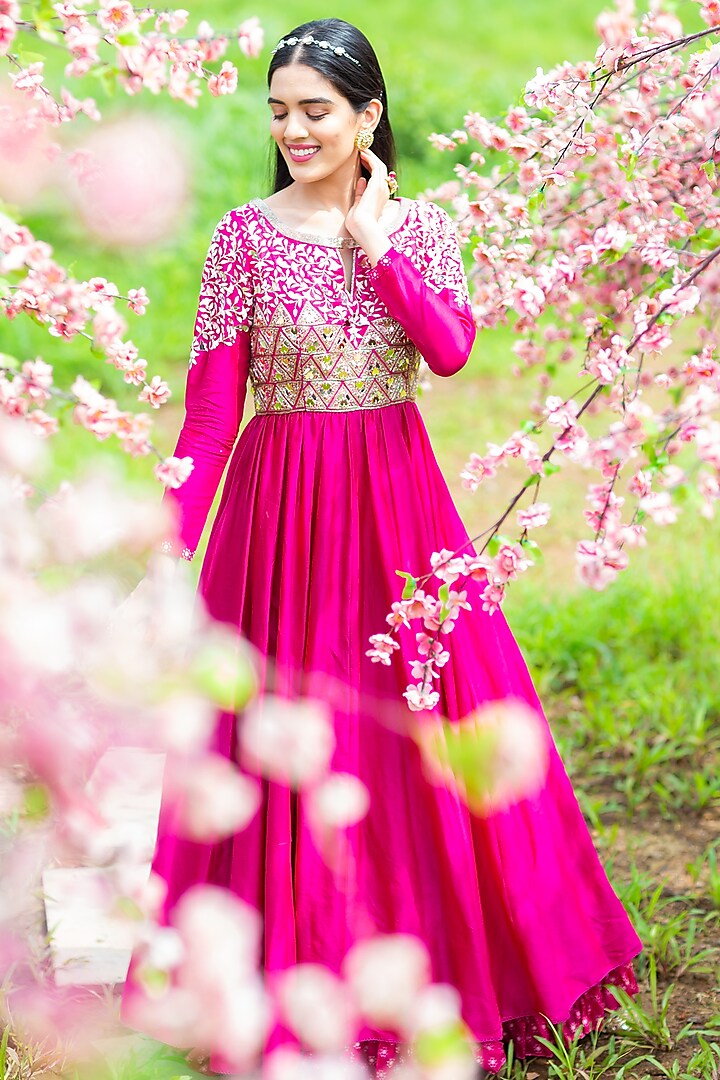 Rani Pink Chanderi Silk & Georgette Acrylic Hand Embroidered Anarkali Set by Aaryaa By Kashveen Kohli at Pernia's Pop Up Shop