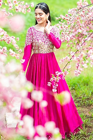 Rani Pink Chanderi Silk & Georgette Acrylic Hand Embroidered Anarkali Set by Aaryaa By Kashveen Kohli