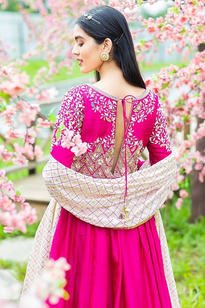 Rani Pink Chanderi Silk & Georgette Acrylic Hand Embroidered Wedding Anarkali Set by Aaryaa By Kashveen Kohli at Pernia's Pop Up Shop