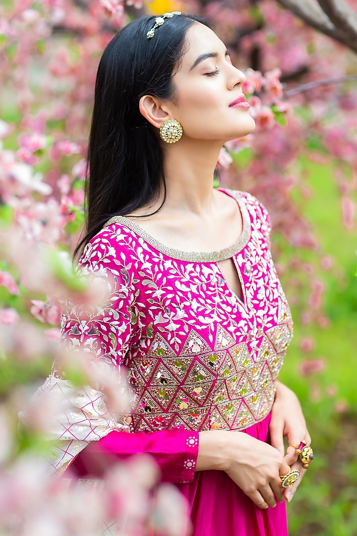 Rani Pink Chanderi Silk & Georgette Acrylic Hand Embroidered Wedding Anarkali Set by Aaryaa By Kashveen Kohli at Pernia's Pop Up Shop