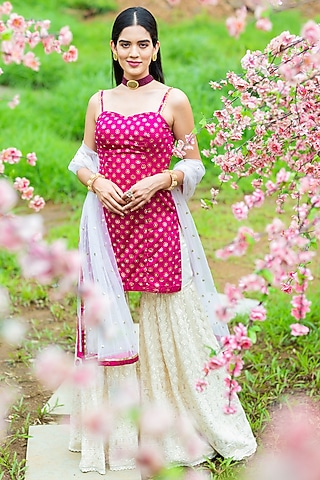 Rani Pink Georgette Sharara Set by Aaryaa By Kashveen Kohli