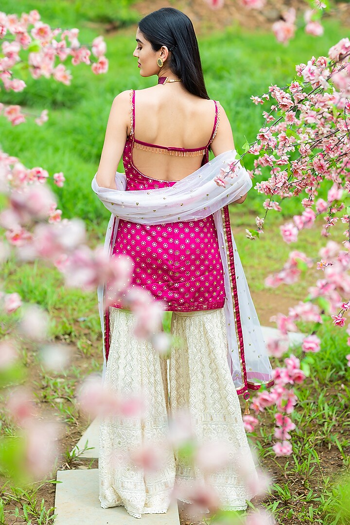 Rani Pink Georgette Wedding Sharara Set by Aaryaa By Kashveen Kohli at Pernia's Pop Up Shop
