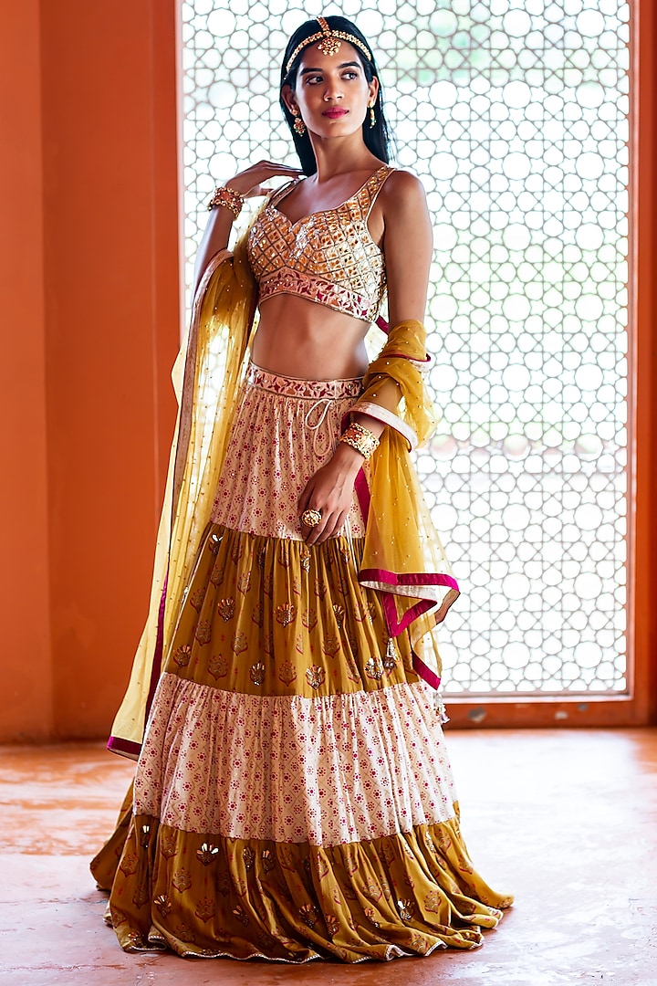 Mustard Cotton Silk Foil Printed & Pearl Hand Embroidered Wedding Lehenga Set by Aaryaa By Kashveen Kohli at Pernia's Pop Up Shop