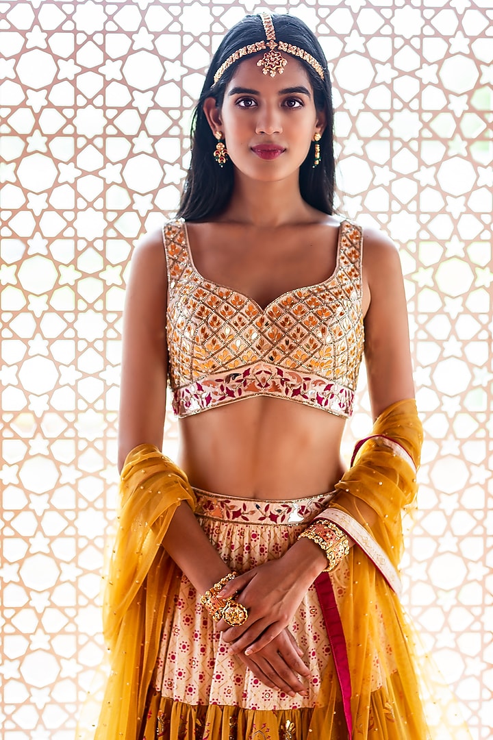 Mustard Cotton Silk Foil Printed & Pearl Hand Embroidered Wedding Lehenga Set by Aaryaa By Kashveen Kohli at Pernia's Pop Up Shop