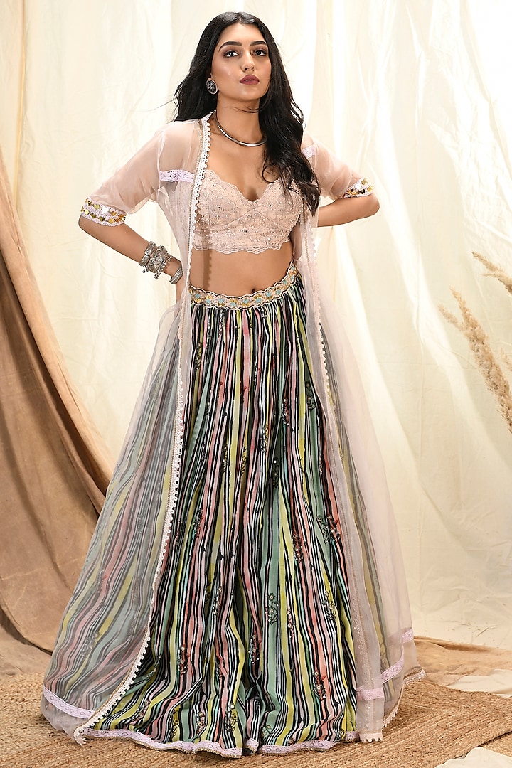 Multi-Colored Striped & Hand Embroidered Lehenga Set With Cape by Aaryaa By Kashveen Kohli