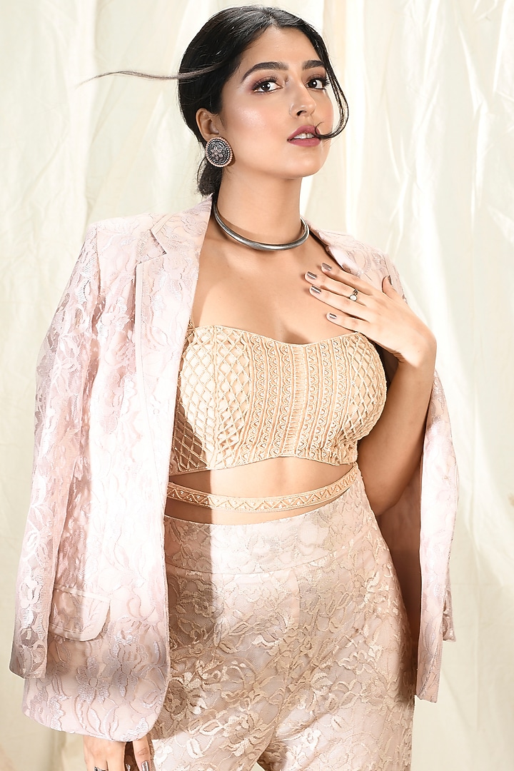 Nude Lace Blazer by Aaryaa By Kashveen Kohli at Pernia's Pop Up Shop