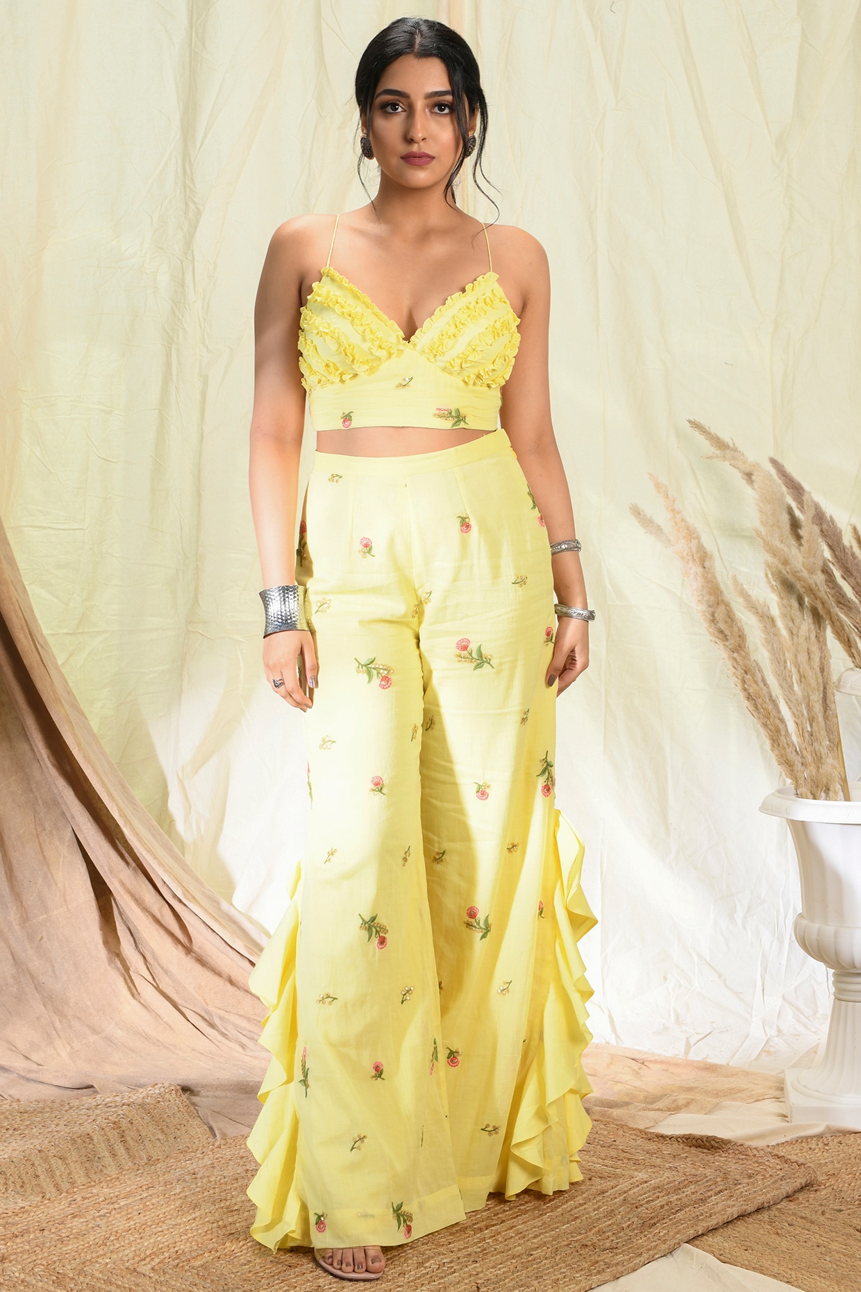Lemon Yellow Embroidered Palazzo Pant Set by Aaryaa By Kashveen