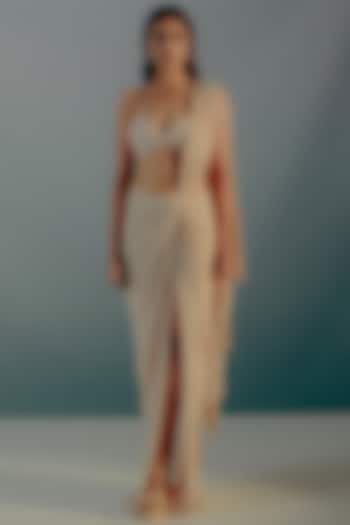 Nude Cream Crepe Crystal Embellished Concept Saree Set by Aaryaa By Kashveen Kohli