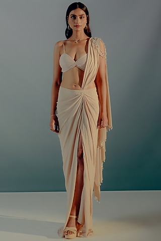 Nude Cream Crepe Crystal Embellished Concept Saree Set by Aaryaa By Kashveen Kohli