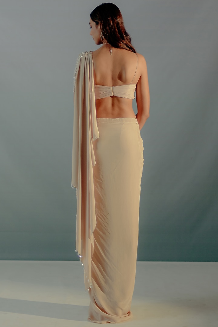 Nude Cream Crepe Crystal Embellished Concept Wedding Saree Set by Aaryaa By Kashveen Kohli at Pernia's Pop Up Shop
