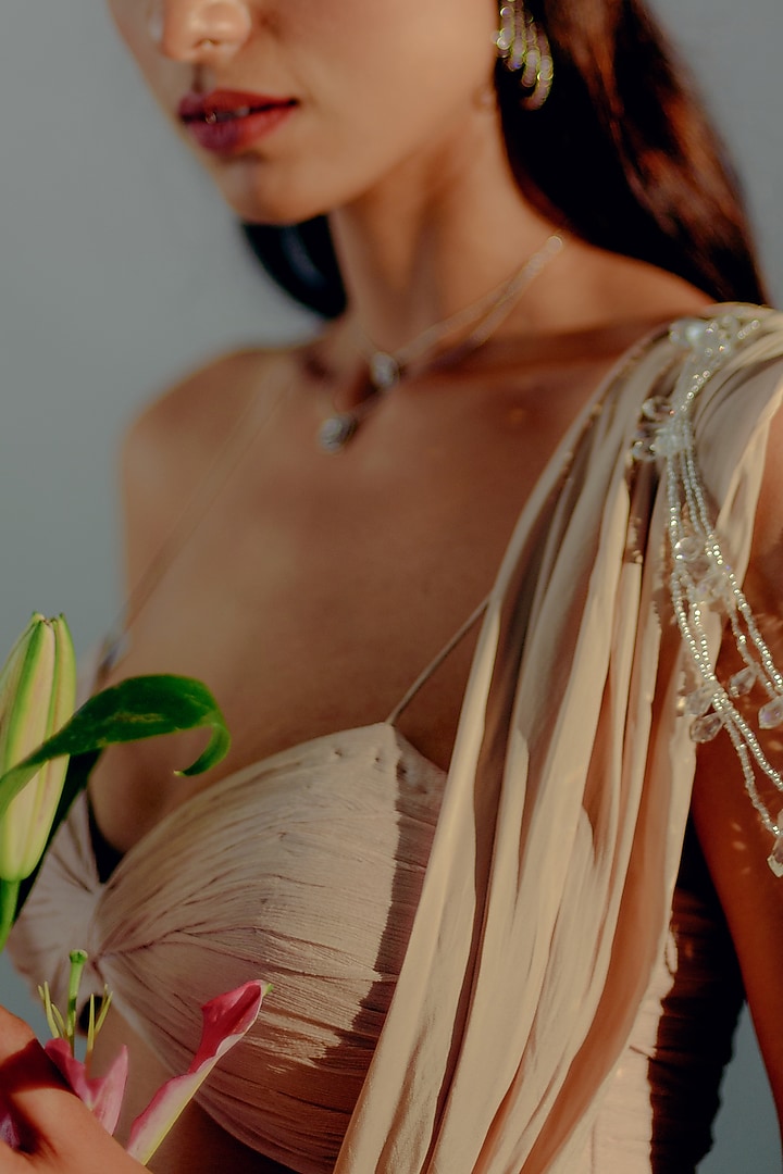 Nude Cream Crepe Crystal Embellished Concept Wedding Saree Set by Aaryaa By Kashveen Kohli at Pernia's Pop Up Shop