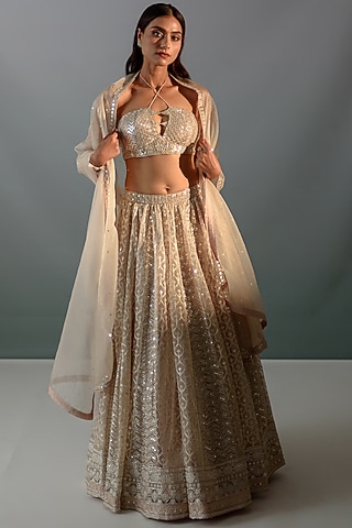 Nude Cream Organza Embroidered Lehenga Set by Aaryaa By Kashveen Kohli