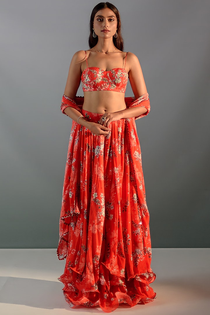 Scarlet Red Georgette & Silk Embroidered Lehenga Set by Aaryaa By Kashveen Kohli