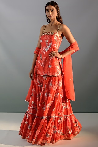 Scarlet Red Silk Embroidered Sharara Set by Aaryaa By Kashveen Kohli
