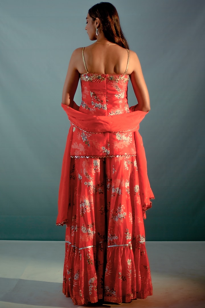 Scarlet Red Silk Embroidered Wedding Sharara Set by Aaryaa By Kashveen Kohli at Pernia's Pop Up Shop