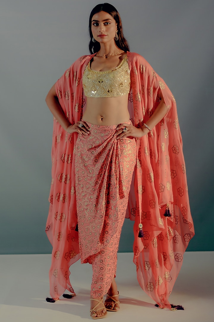 Coral Crepe Printed Draped Skirt by Aaryaa By Kashveen Kohli