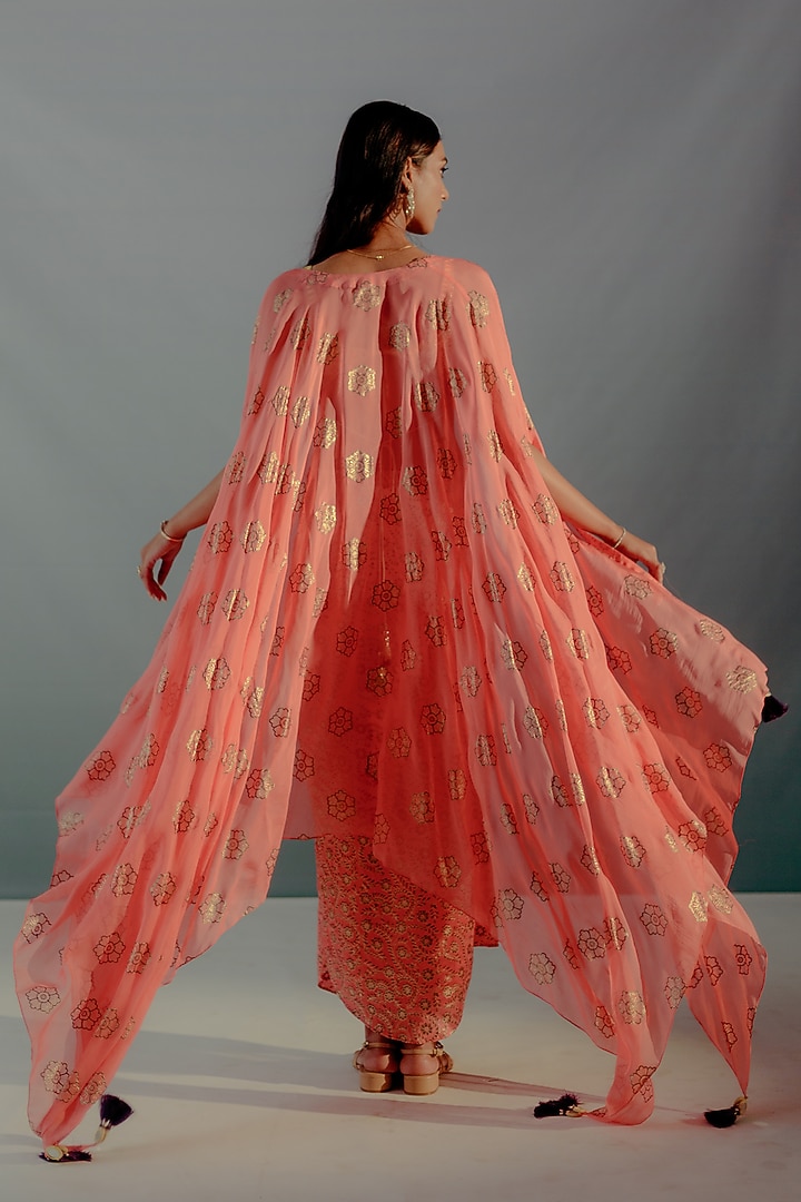 Coral Crepe Printed Draped Skirt by Aaryaa By Kashveen Kohli at Pernia's Pop Up Shop