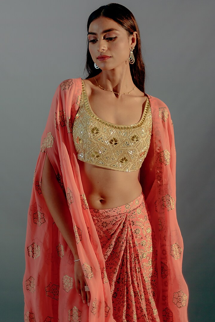 Coral Crepe Printed Draped Skirt by Aaryaa By Kashveen Kohli at Pernia's Pop Up Shop