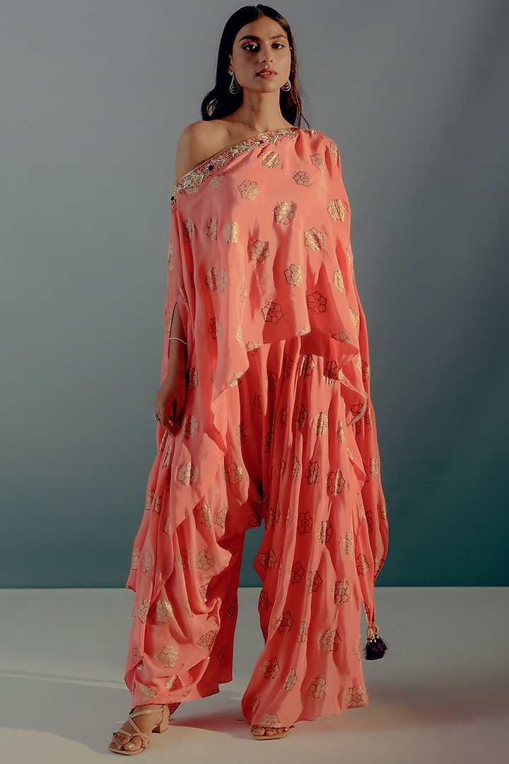 Coral Crepe Printed & Embroidered Co-Ord Set by Aaryaa By Kashveen Kohli