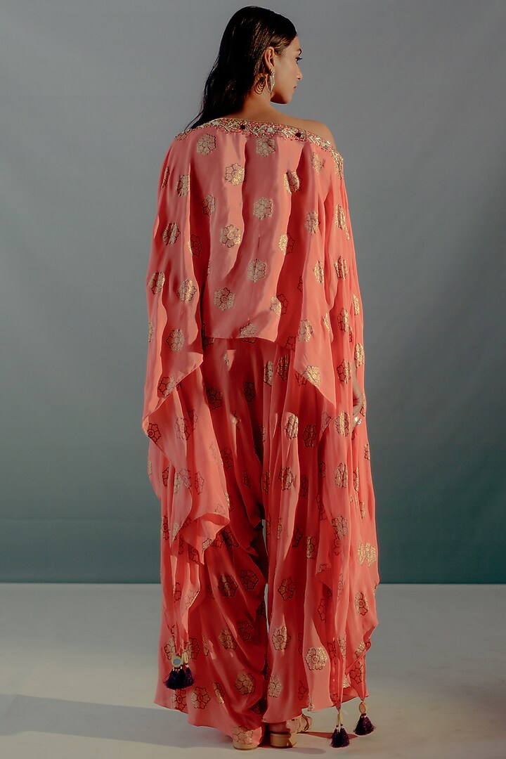 Coral Crepe Printed & Embroidered Co-Ord Set by Aaryaa By Kashveen Kohli at Pernia's Pop Up Shop